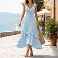 thumbnail image 2 of Women's Deep V Spaghetti Strap Midi Dress, Solid Ruffle Irregular Hanky Hem Flowy Sleeveless Long Dress Light Blue XL(XL), 2 of 5