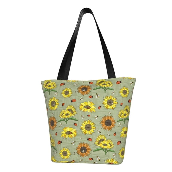Fotbe Sage Green With Sunflowers Pattern Beach Tote,Shoulder Handbag,Spacious Tote Bag,Lightweight Travel Bag,Versatile Shopping Bag