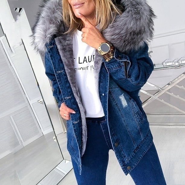 Chaqueta vaquera de manga larga con capucha y cuello alto para mujer, informal, de color liso