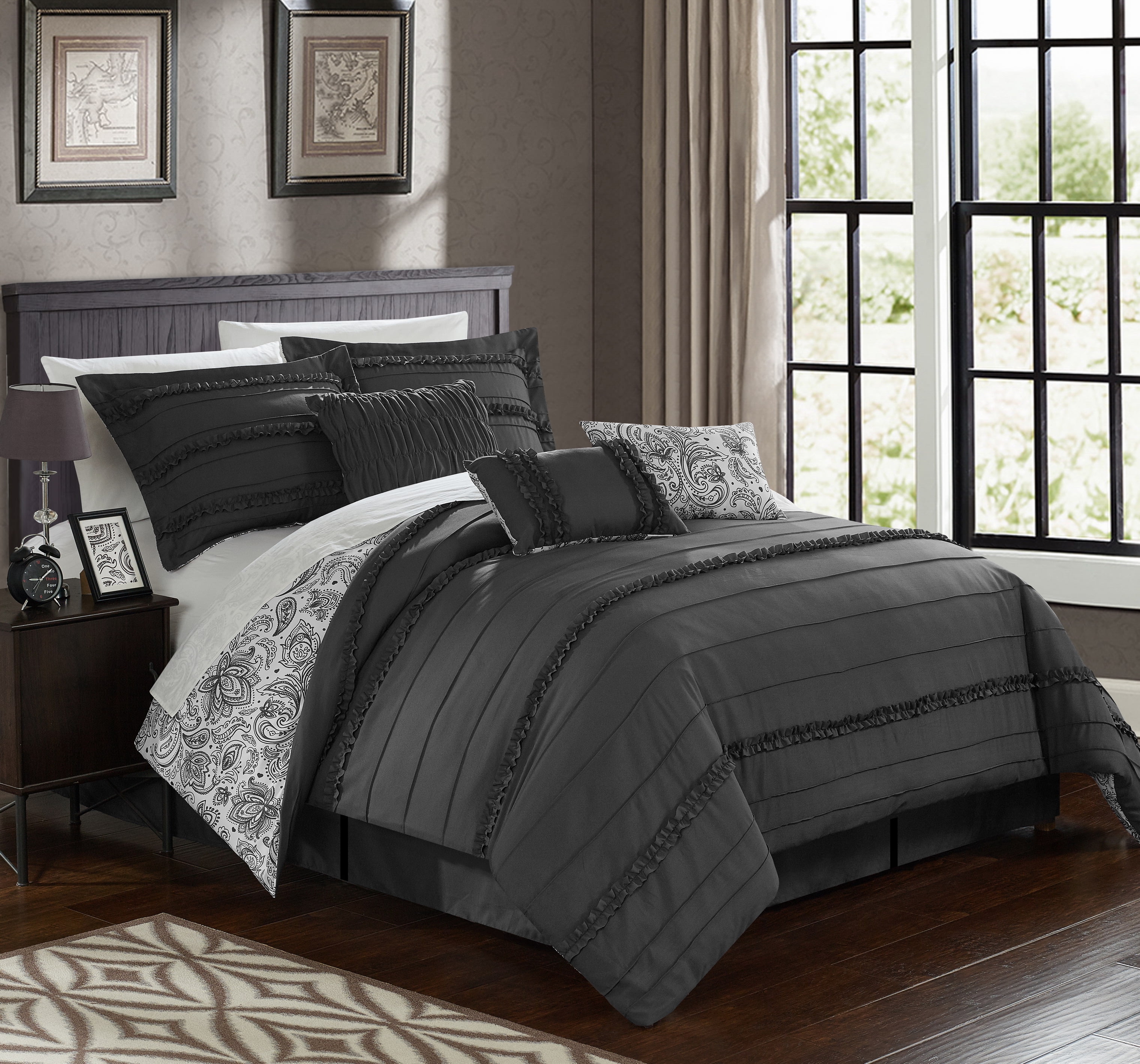 Chic Home 11Piece Maeve Pleated and Ruffled REVERSIBLE Paisley Queen Bed In a Bag Comforter Set