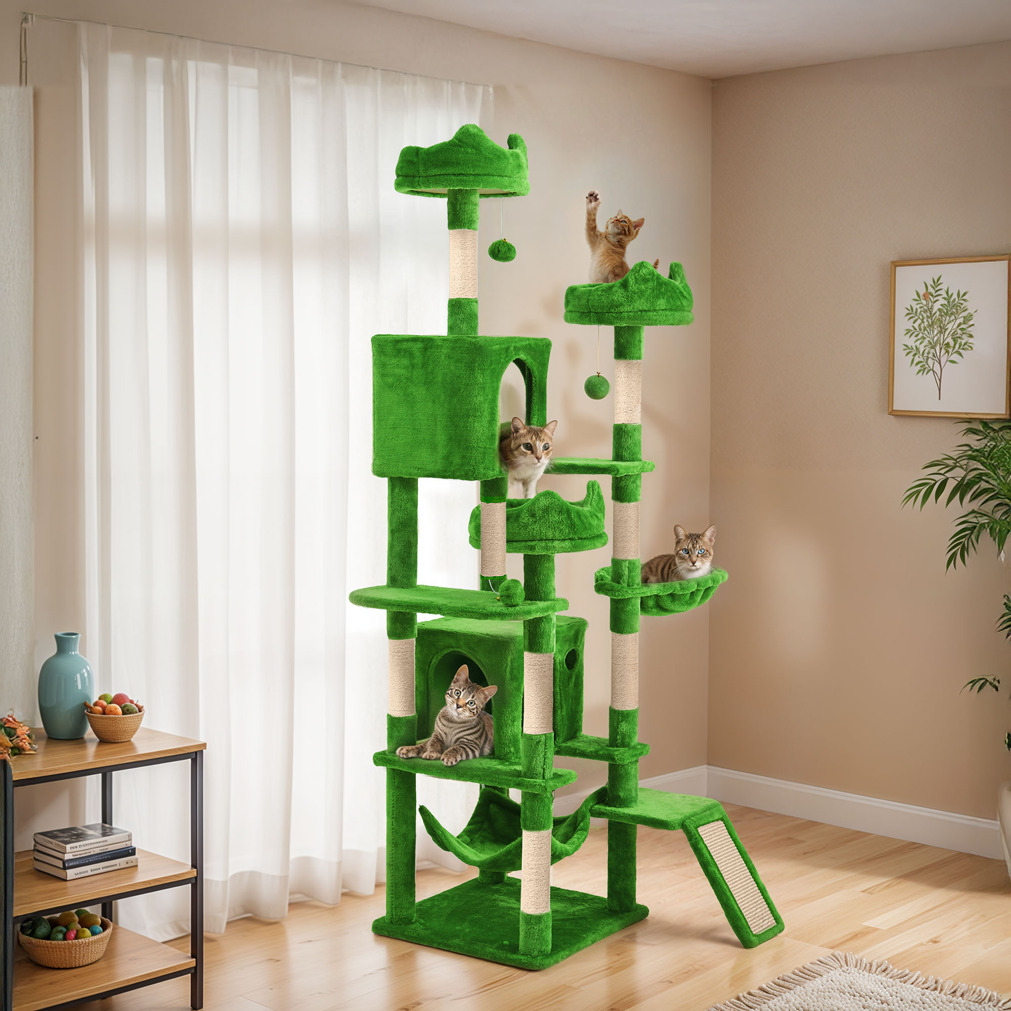 Uforic 75in Large Cat Tree Tower, Multi-Level Cat Condo with Scratch Posts, Cozy Basket Hammocks, Top Perches, Sisal Ramp, Green