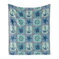 thumbnail image 1 of Ships Wheel Soft Flannel Fleece Throw Blanket, Nautical Patchwork Pattern Rope Starfish Sailing Ship Anchor and Helm, Cozy Plush for Indoor and Outdoor Use, 70" x 90", Turquoise Navy, by Ambesonne, 1 of 6