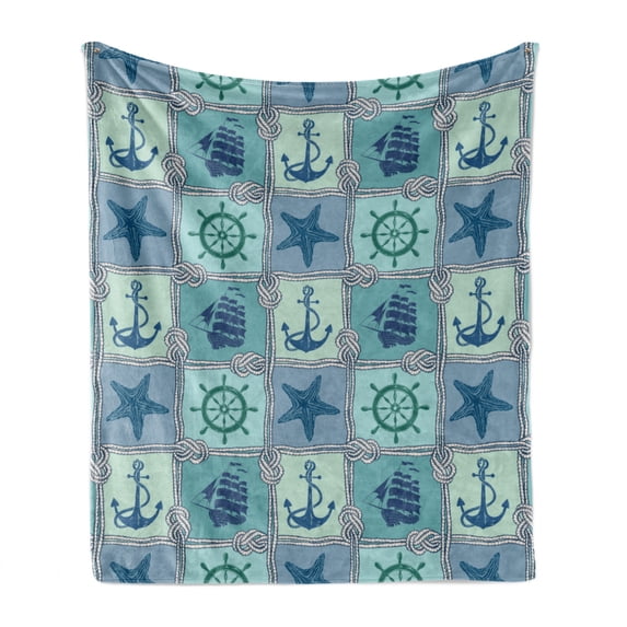 Ships Wheel Soft Flannel Fleece Throw Blanket, Nautical Patchwork Pattern Rope Starfish Sailing Ship Anchor and Helm, Cozy Plush for Indoor and Outdoor Use, 70" x 90", Turquoise Navy, by Ambesonne