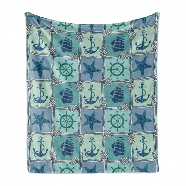 Ships Wheel Soft Flannel Fleece Throw Blanket, Nautical Patchwork Pattern Rope Starfish Sailing Ship Anchor and Helm, Cozy Plush for Indoor and Outdoor Use, 70" x 90", Turquoise Navy, by Ambesonne