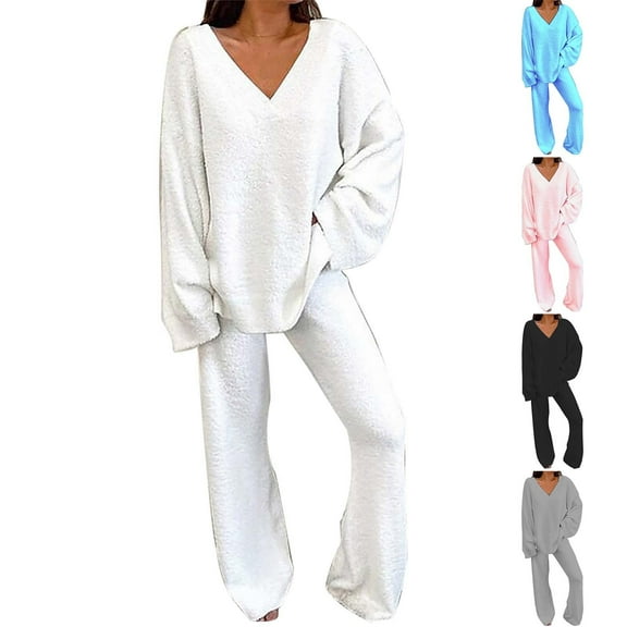 Soft Two Piece Loungewear Set Long Sleeve Top with Wide Leg Pants Comfort Fit