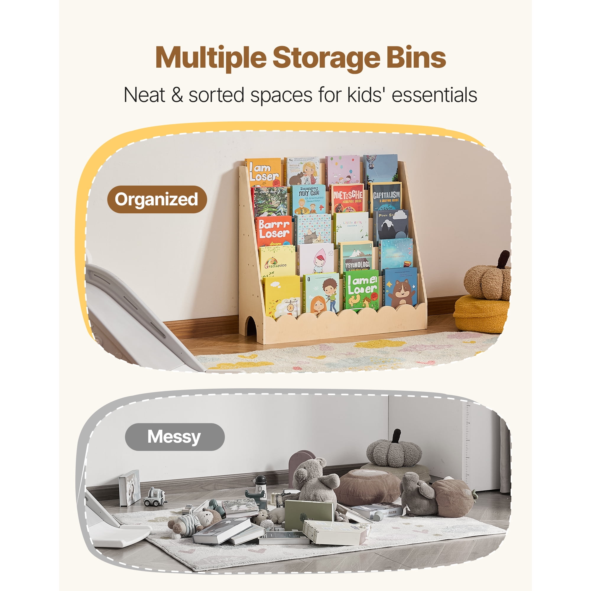 KFFKFF 5-Tier Kids Bookshelf, Wooden Toddler Bookcase with Scalloped Design, Ideal for Kids' Rooms, Living Rooms, Entryways, Nurseries