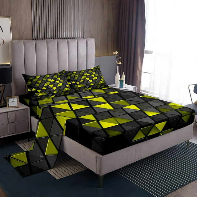 Erosebridal Stereoscopic Triangle Bed Sheets Set Queen Size,Gradien Geometric Bed Sheets Queen,Neon Decor,Reversible,Ultra Soft,4 Pieces