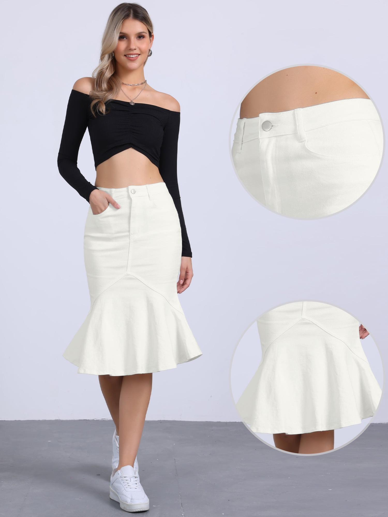 DARING DIVA Women's Denim Jean Bodycon Ruffles Fishtail Skirts S White