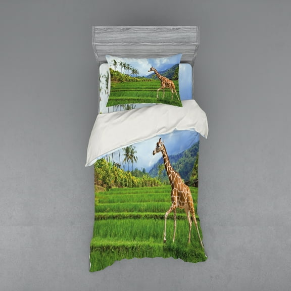 Nature Duvet Cover Set, Giraffe Goes on Grass Against Mountain Tropical Landscape, Bedding Set with Shams and Fitted Sheet, 3 Sizes, by Ambesonne