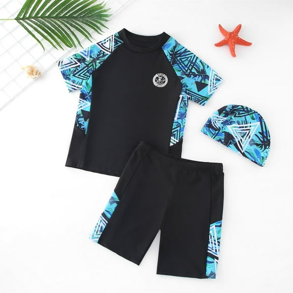 ATOGUTA Boys Two Piece Rash Guard Swimsuits Kids Short Sleeve Swimwear Sets Bathing Suit with Swim Hat Black, Size 5T-14