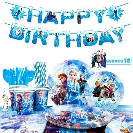 Frozen Birthday Party Supplies-144pcs Frozen Party Tableware Set Frozen Birthday Party Plates and Cup and Napkins Tablecloth Banner etc Elsa Birthday Party Supplies 2th 4th Birthday, Serves 16 Guest