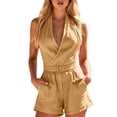 thumbnail image 2 of Ailaofu Womens Halter V Neck Romper Shorts Fashion Belted Sleeveless Solid Color Jumpsuit Shorts with Pockets, 2 of 6