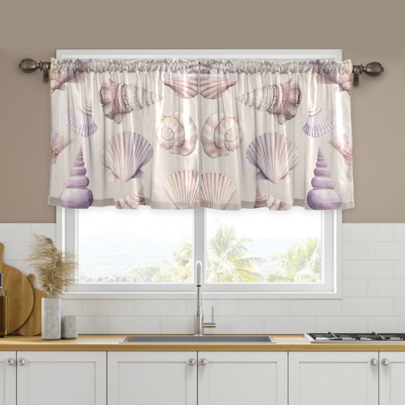 Yayeee Kitchen Curtains Tier Set of 2 Light Filtering 57"x24" Over Sink Window Panels, Purple Watercolor Seashells