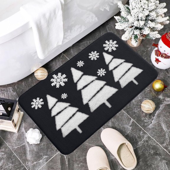 16x24 Inch Christmas Snowflake & Tree Rug - Machine Washable Non-Slip Microfiber Bath Mat for Living Room, Door Decor Black