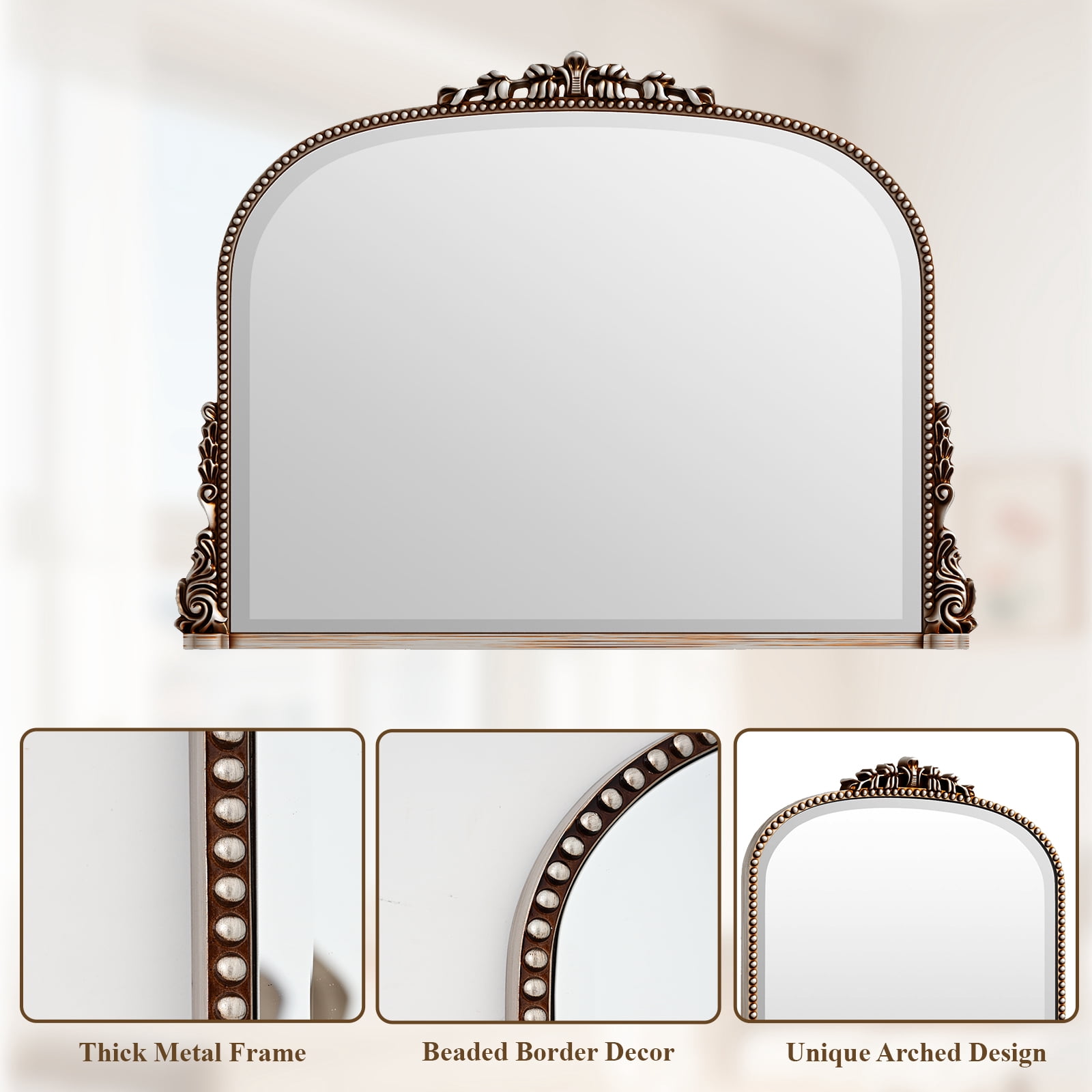 GRAHMCY 44"x 32" Bathroom Mirror Arched Vanity Mirror Decor Wall Mirror Vintage Mirror, Antique Silver
