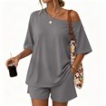 thumbnail image 3 of 2 Piece Sets for Women Summer Off the Shoulder T Shirt Casual Shorts Matching Comfy Lounge Sets Airport Travel Outfit,Gray,L, 3 of 8