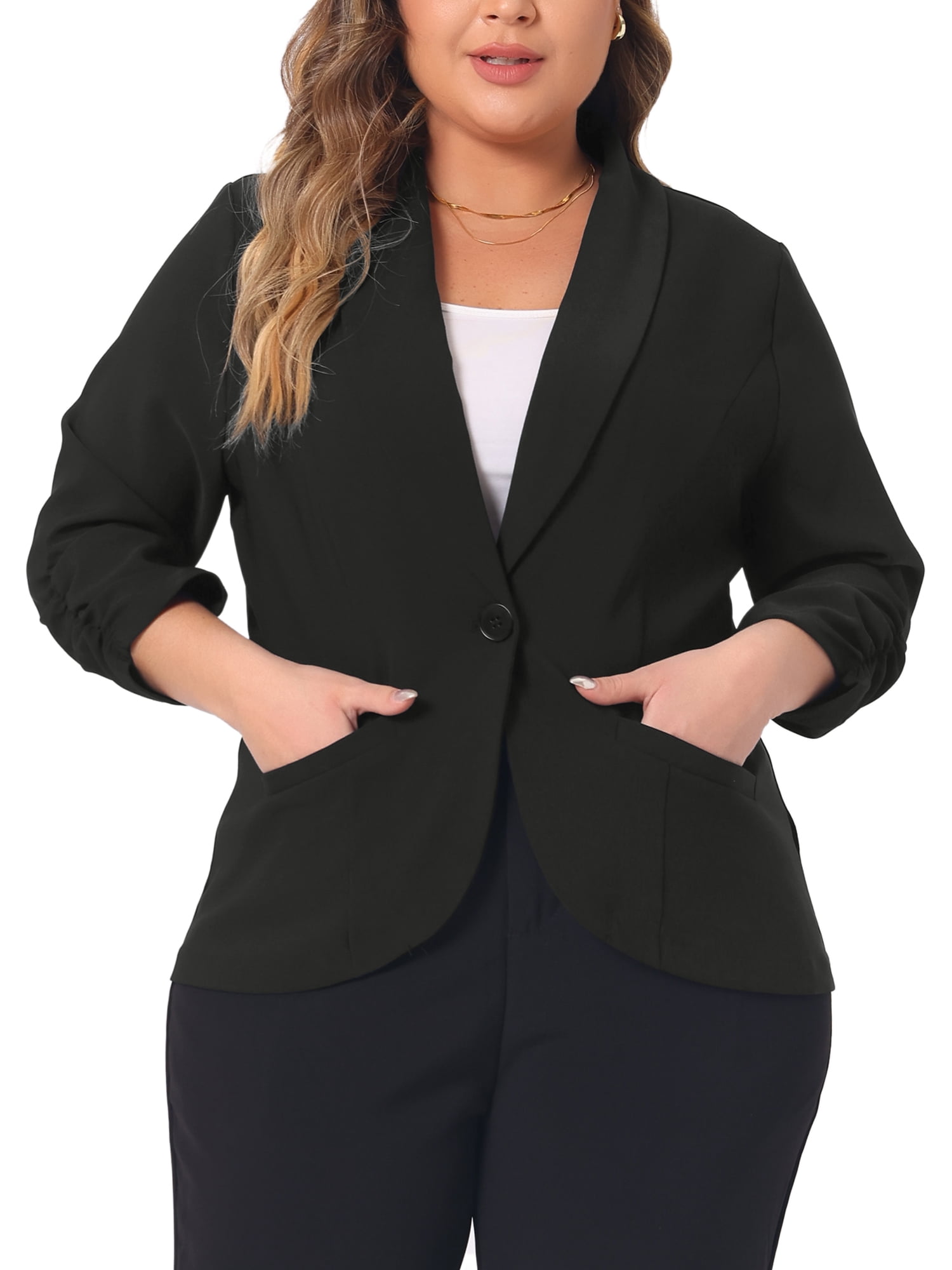 DARING DIVA Women's Plus Blazer 3/4 Ruched Sleeve Open Front Jacket 2X Black