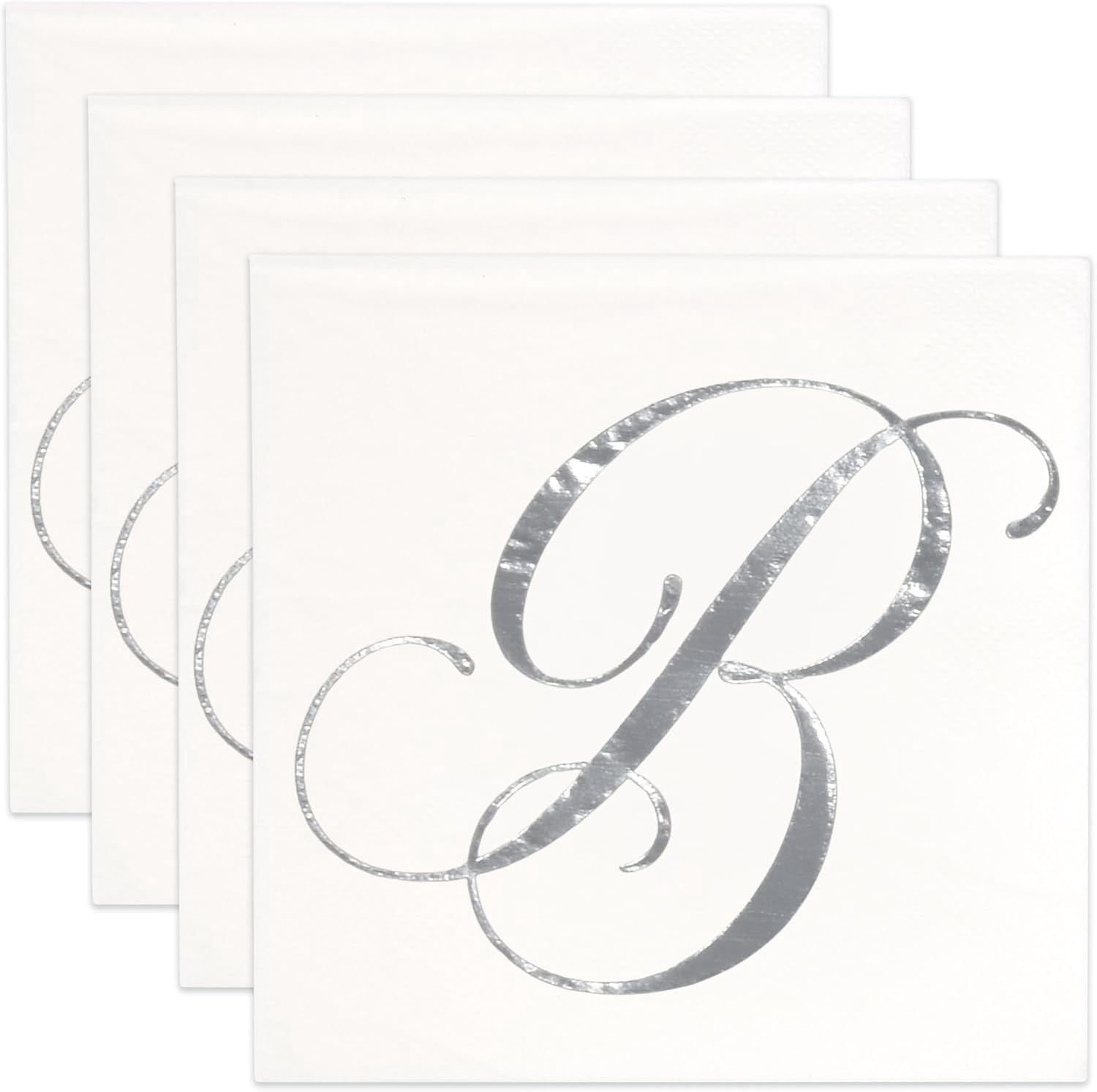 Gift Boutique 100 Silver Monogram Cocktail Napkins Letter B Disposable Paper Pack Elegant Metallic Silver Foil Hand Napkin for Powder Room Wedding Holiday Birthday Party Baby Shower Decorative Towels