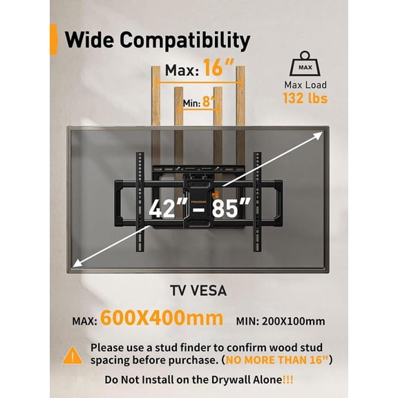 Listed Full Motion TV Wall Mount for 42-85 inch TVs up to 132 lbs