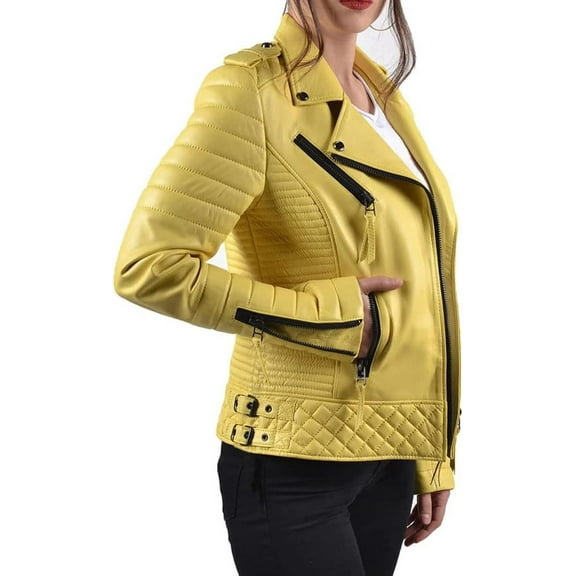 Women's Lambskin Real Leather Quilted Yellow Jacket Biker Motorcycle Slim Fit Coat W174