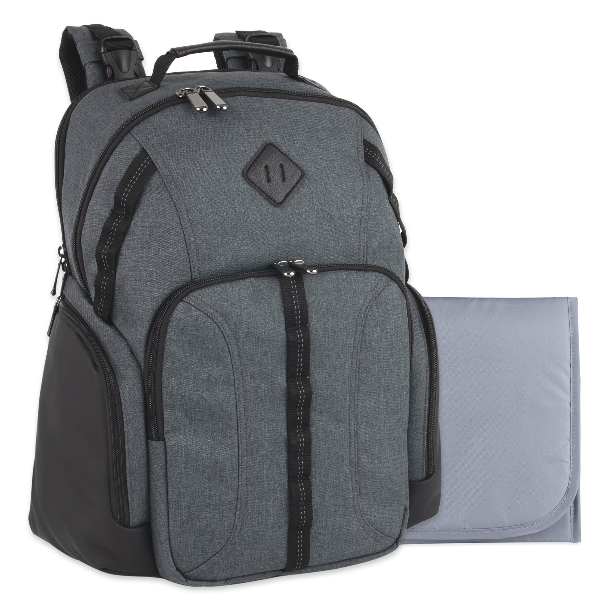 Baby Essentials Super Cooler Multi-Pocket Dual Zipper Closure Diaper Bag Backpack with Matching Changing Pad, Insulated Bottle Pockets and Stroller Straps in Gray & Black