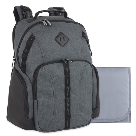 Baby Essentials Super Cooler Multi-Pocket Dual Zipper Closure Diaper Bag Backpack with Matching Changing Pad, Insulated Bottle Pockets and Stroller Straps in Gray & Black