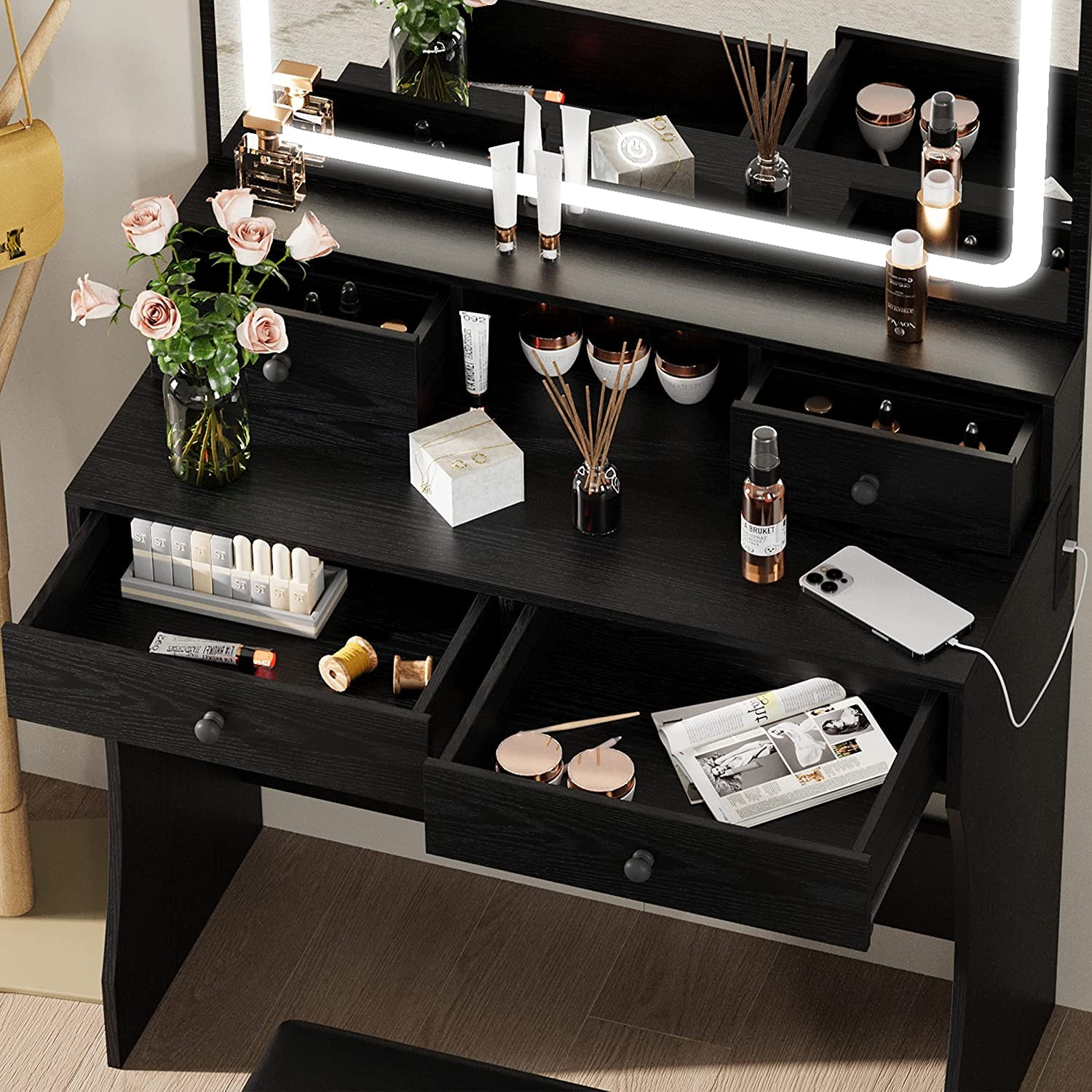 IRONCK LED Vanity Makeup Table with Illuminated Mirror & 4