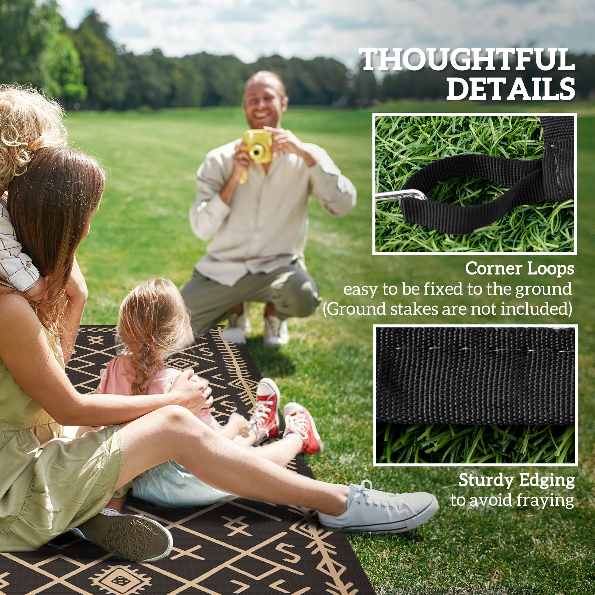 Outsunny Outdoor Patio Rug, Large Camping Carpet with Carrying Bag, 9' x 18' Waterproof Plastic Straw, Reversible, Black & Brown Rhombus