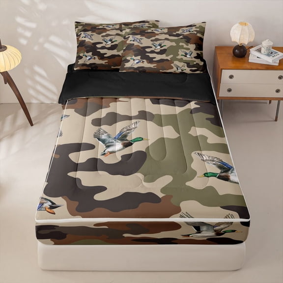 Homewish Wild Mallard Duck Zipper Twin Comforter Sets with Fitted Sheet and 2 Pillowcases,Rustic Green Brown Camo Zipper Bedding Set,Black Reversible,4 Pieces