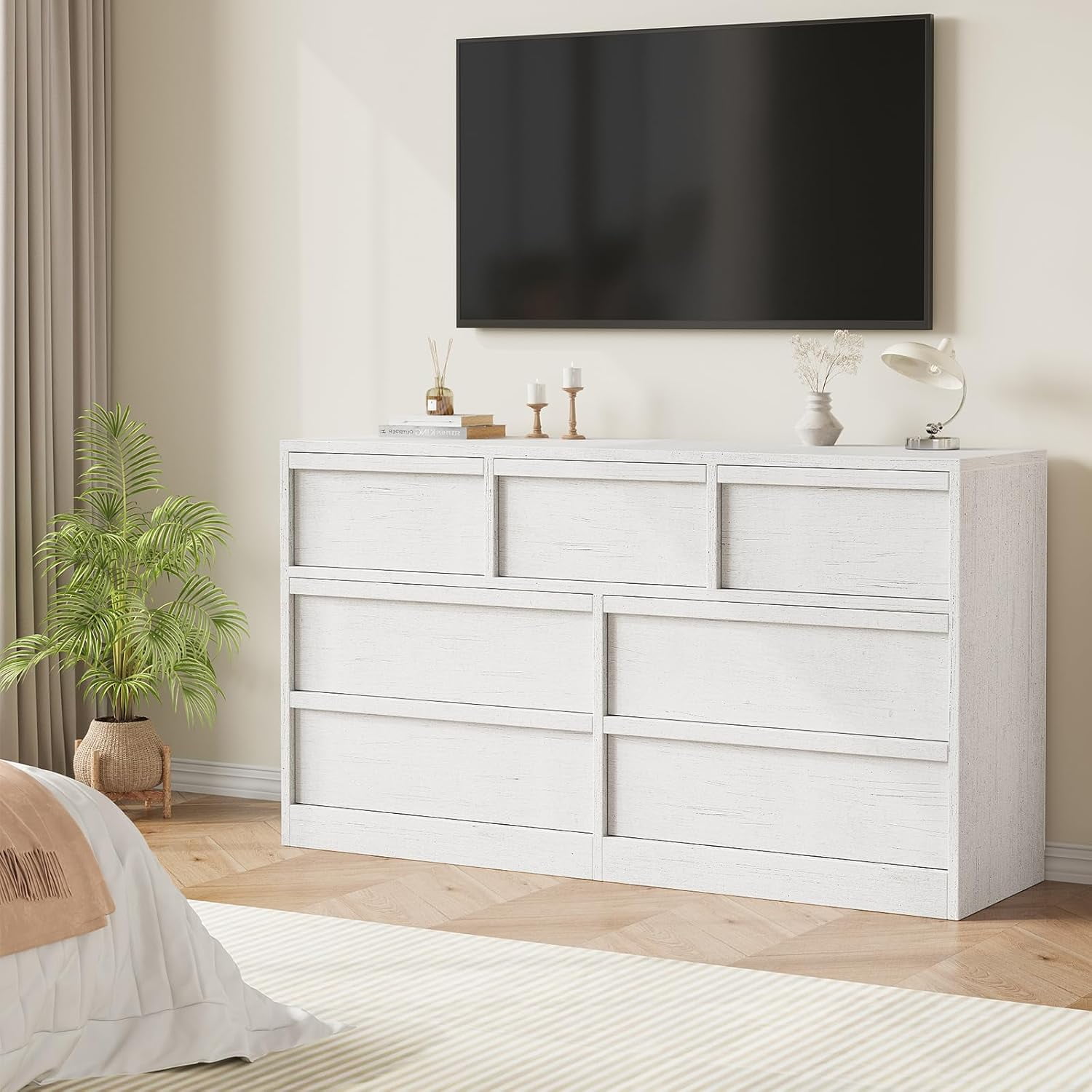 7 Drawer Dresser for Bedroom, Antique White 7 Chest of Drawers with Large Storage Space, Wooden Dresser Organizer for Living Room, Nursery, Entryway