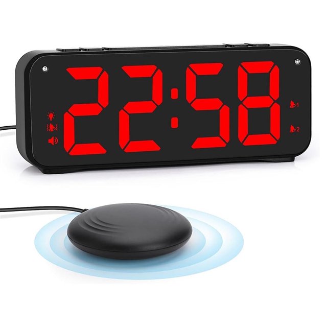 Reloj despertador fuerte para adultos que duermen profundamente, reloj despertador doble con agitador de cama, para dormitorios, pantalla de 6,5 pulgadas
