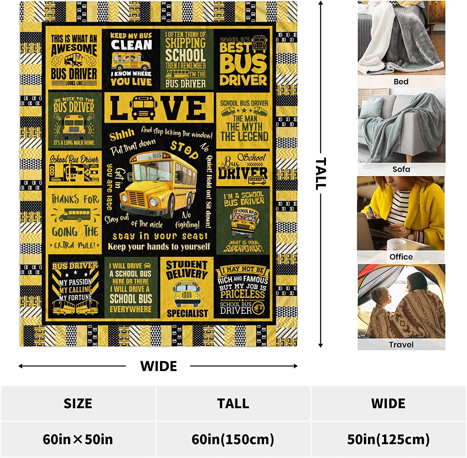 Bus Driver Appreciation Gifts Blanket 60"x50" - School Bus Driver Gifts Throw Blanket - Birthday Graduation Gifts for Bus Drivers Blankets - Back to School End of Term Gifts for Bus Driver