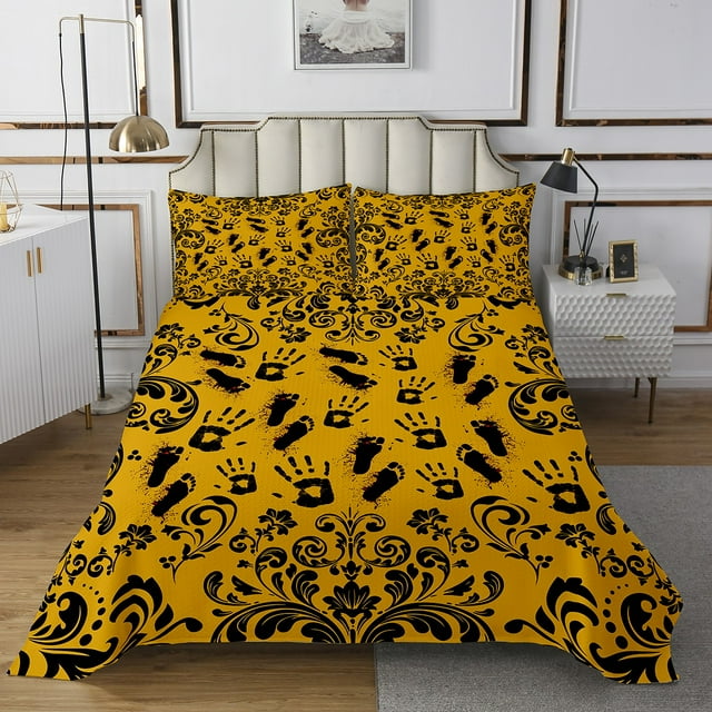 Erosebridal Gothic Damask Coverlet Set Twin, Horror Halloween Bedding Set, Yellow Reversible Bed Set, Breathable Bedroom Decorative, 2 Pieces