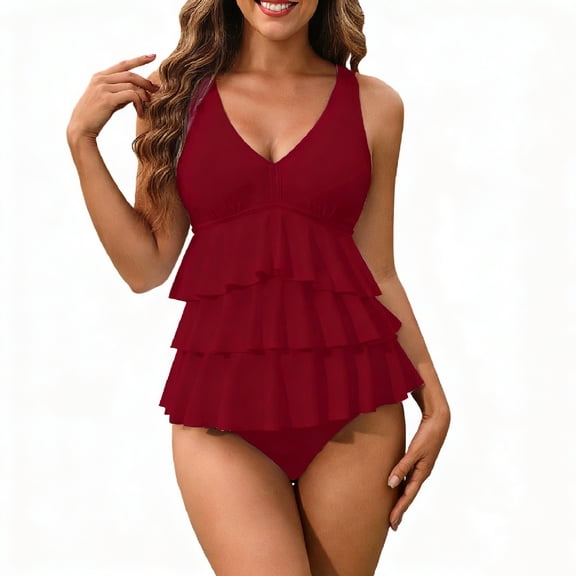 gakvbuo Bikini Sets For Women Two Piece Swimsuits Summer Beach Swim Bathing Suits Women's able Ruffled Two-Piece Swimsuit In Solid Color