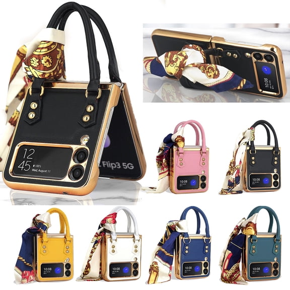 For Samsung Galaxy Z Flip 3 5G Luxury Leather Hand Bag Case Plating PC Women Shockproof Cover