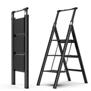 Tenozek 3 Step Ladder, Folding Step Stool with Anti-Slip Wide Pedal & Retractable Handgrip, Aluminum Lightweight Portable Step Stools for Adults, 300 lbs Capacity Ladders for Home&Kitch, Black