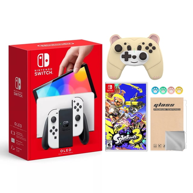 2022 New Nintendo Switch OLED Model White Joy Con 64GB Console with Splatoon 3 Game, Improved HD Screen & LAN-Port Dock, Mytrix Yellow Bear Wireless Pro Controller and Accessories