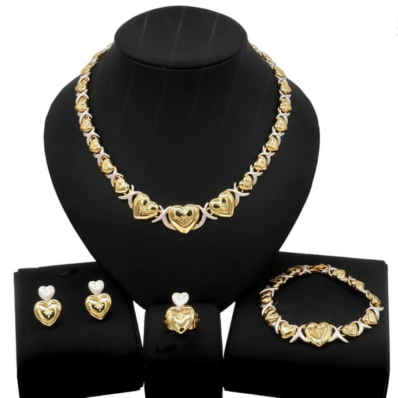 Women's Hugs & Kisses XOXO Shiny Hearts Charm Jewelry Set - Necklace Set Layered With Real Gold Plated Includes Necklace Bracelet Earrings Ring Set #137