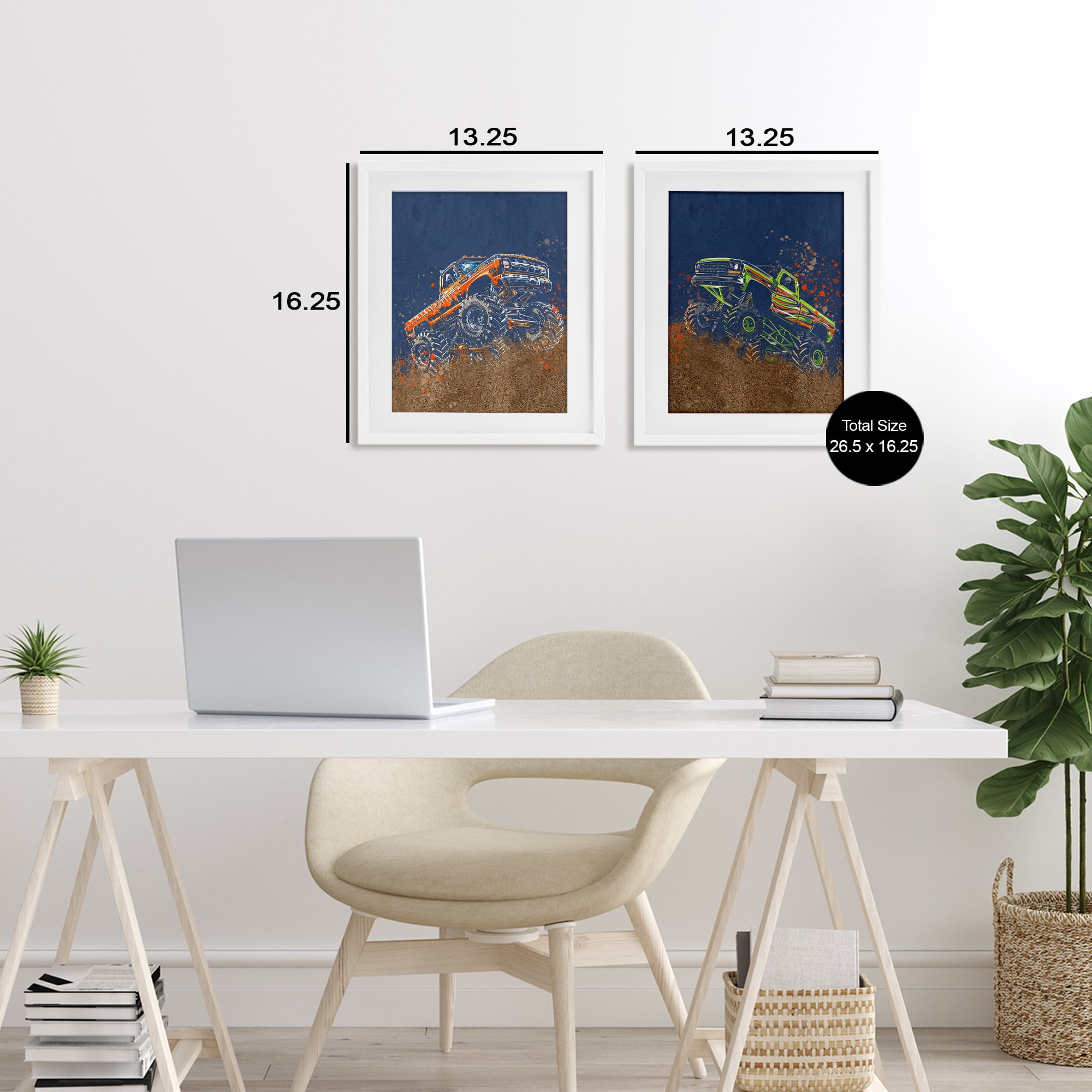 Monster Truck Jam 2 Piece White Framed Print Under Glass Set, design by Kim Allen