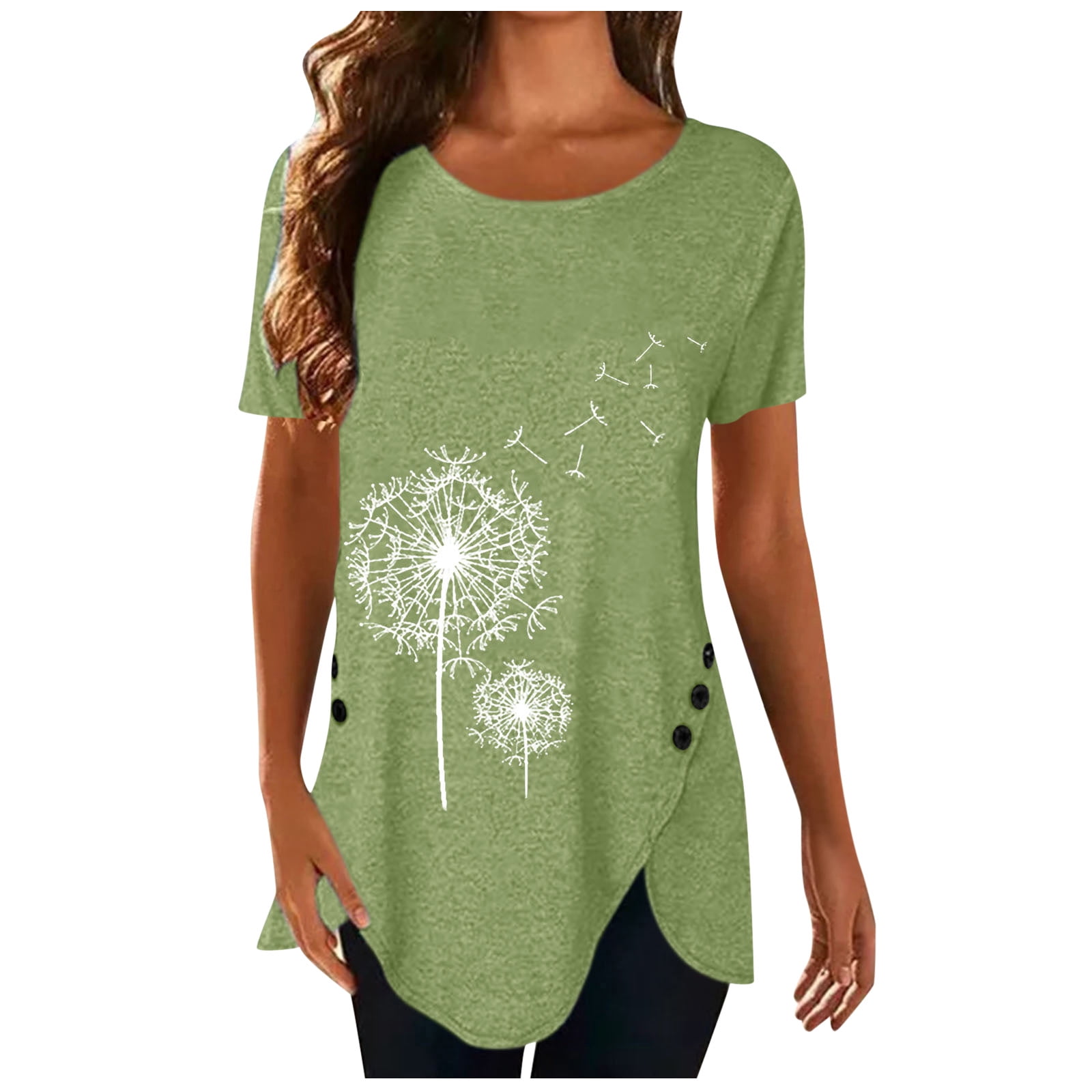 Dandelion Print Shirt for Womens Short Sleeve Blouse Round Collar Tshirts Loose Casual Fit Tops 