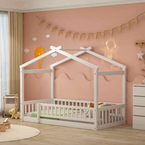 Twin Size Montessori Bed, Wood Floor Bed Frame, House Bed Frame with Fence & Roof, White