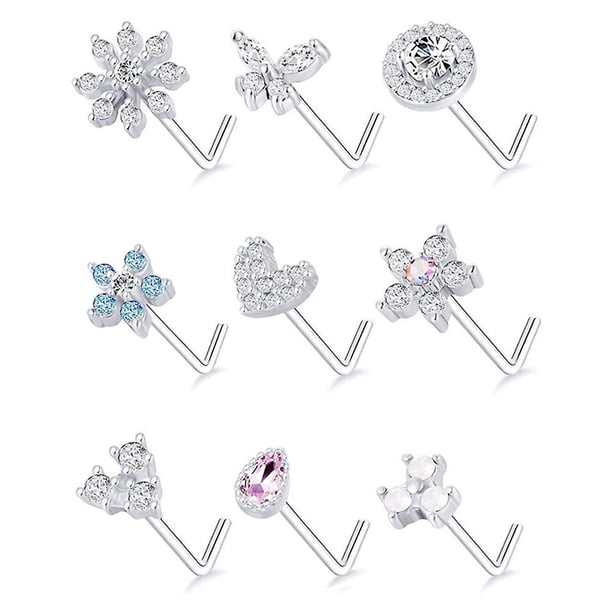 silver Stud De Nariz De Circón De Acero Inoxidable En Forma De L Elegante Y Simple De 9 Piezas - Dorado