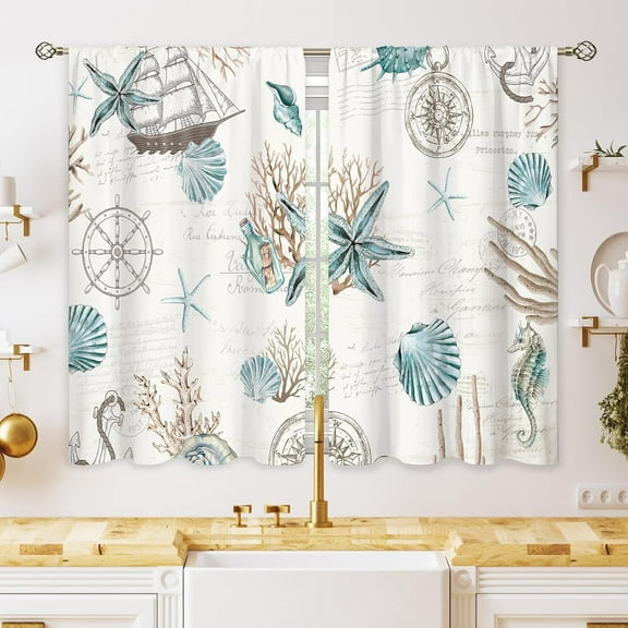 Vintage Starfish Seashells Small Kitchen Curtains Coral Nautical Window Treatment Coastal Retro Ocean Beach Cafe Short Curtains for Bathroom Dining Room Tier Treatment Drapes 27.5x39 inch