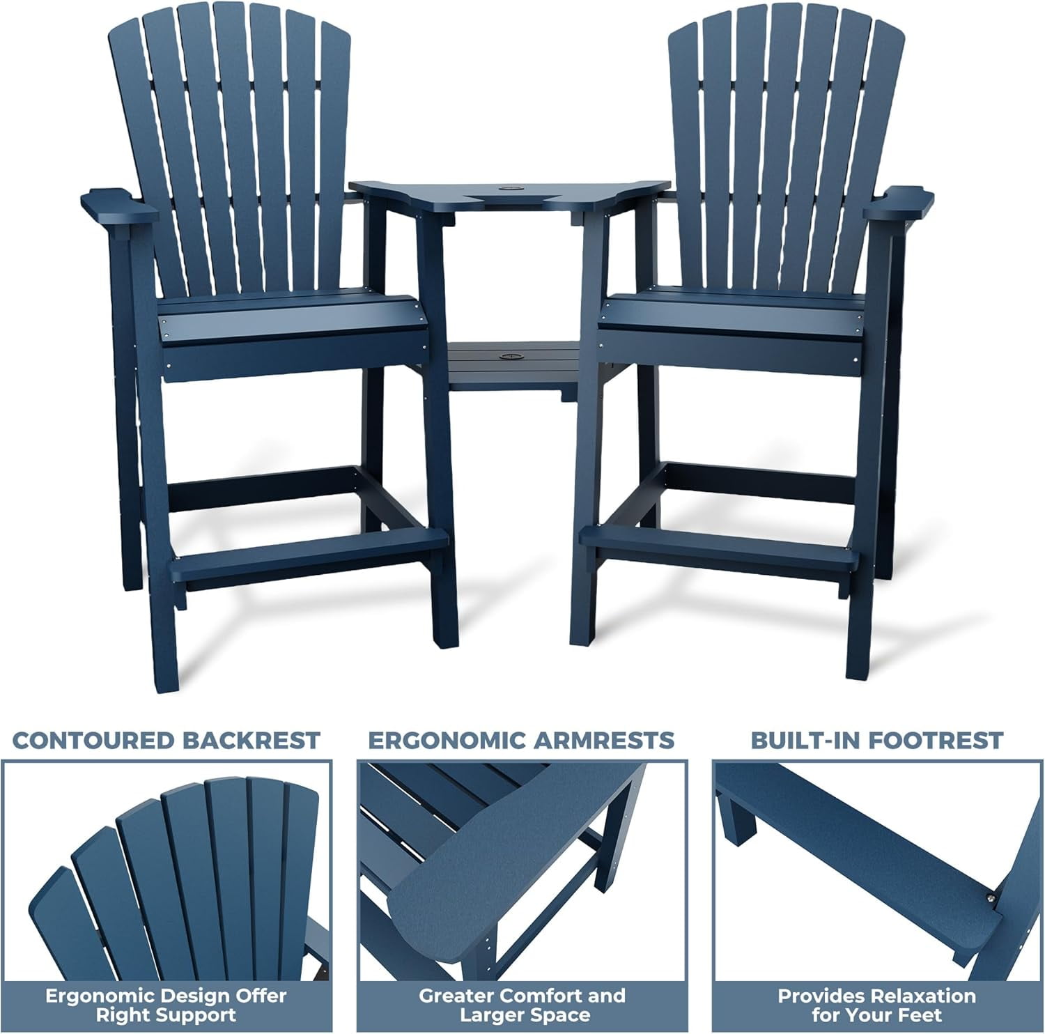 Outdoor Bar Height Adirondack Chairs with Connecting Tray,Balcony Chairs Recycled Poly Adirondack for Deck,Backyard,Outdoor Tall Adirondack Chairs Weather Resistant