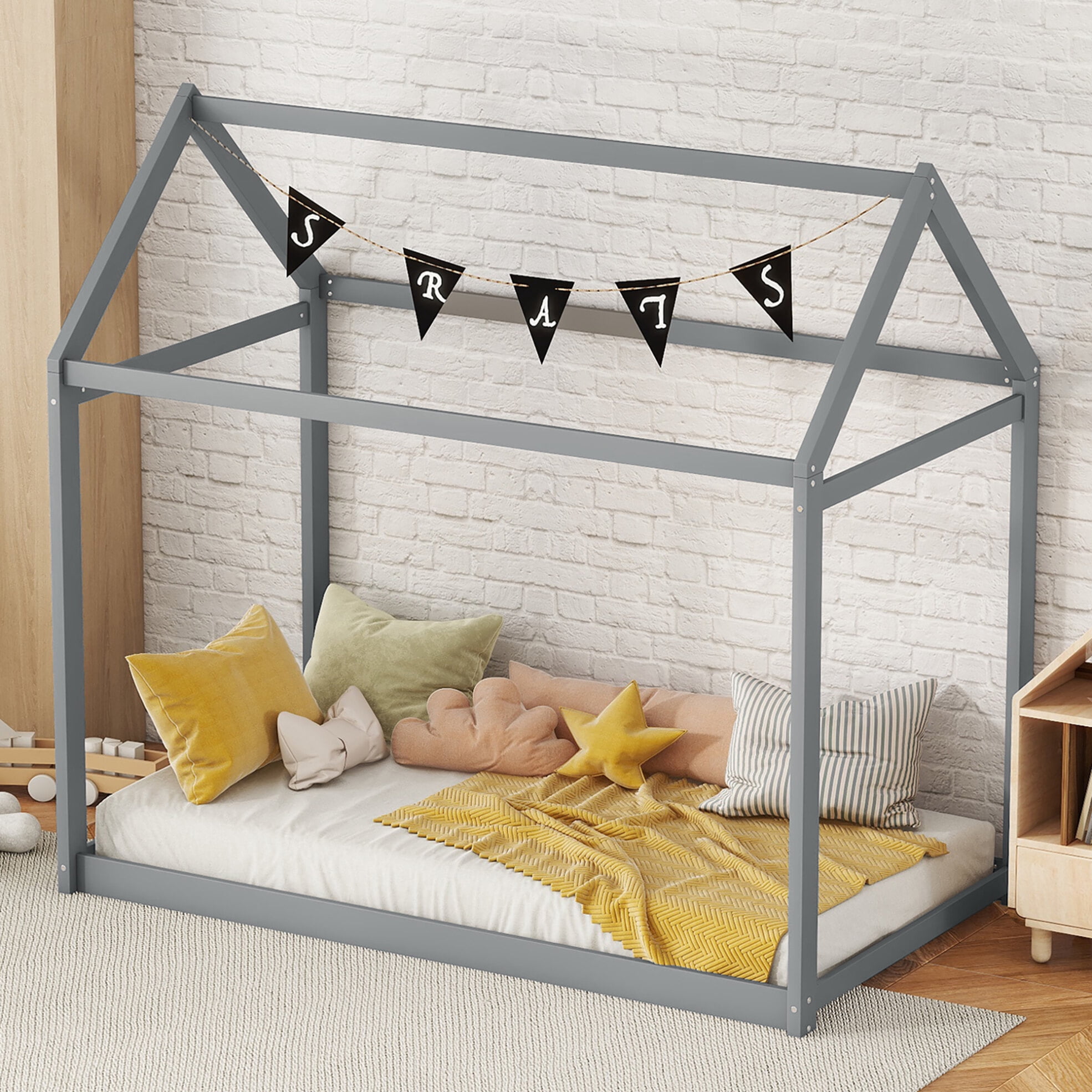 Twin House Bed, Wood Montessori Bed Frame with House Roof Canopy, Low Floor Bed with Sturdy Wood Slat Support for Kids Boys Girls, 400LBS Weight Capacity, No Box Spring Needed, Gray