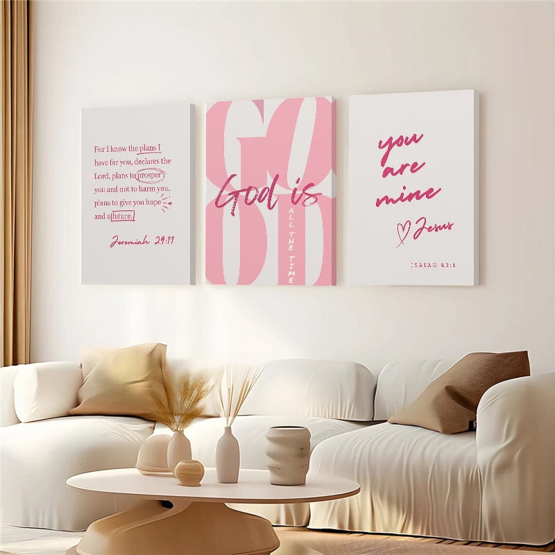 3pcs Trendy Pink Girly Christian God Is Good All The Time Wooden Framed Canvas Painting, Wall Art, Living Room Decoration Bedroom Home Decor, Bedroom Artwork, Modern Wall Painting, Girly Aesthetic,