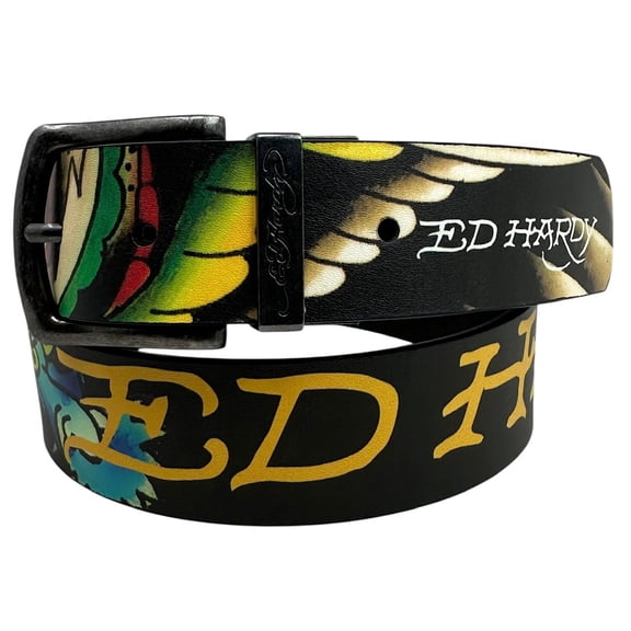 Ed Hardy Men's Dragon and Tiger Print Reversible Black Belt (34, Black)