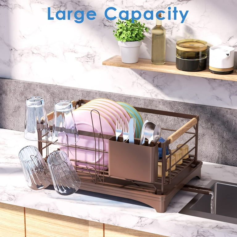 Dish Drying Rack, Dish Rack for Kitchen Counter, Rust-Proof Dish Drainer  with Drying Board and Utensil Holder for Kitchen Counter Cabinet,  16.6\u201d L× 12.6\u201dW× 7.8\u201dH, Bright Red 