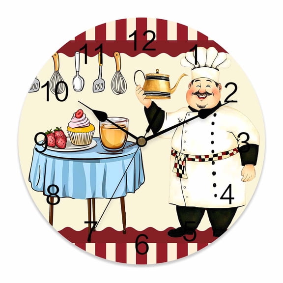 Wall Clock Funny Chef Kitchen Dessert Clocks PVC Silent Non-Ticking Battery Operated Decorative Red Stripes Round Clock for Home Living Room Kitchen Bedroom Office School Wall Decor 10 Inch