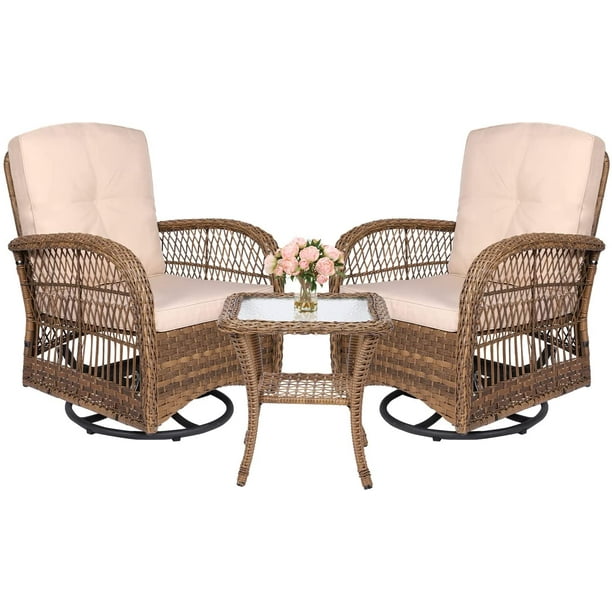 MEETWARM 3 Pieces Outdoor Wicker Swivel Rocker Patio Set, Rocking